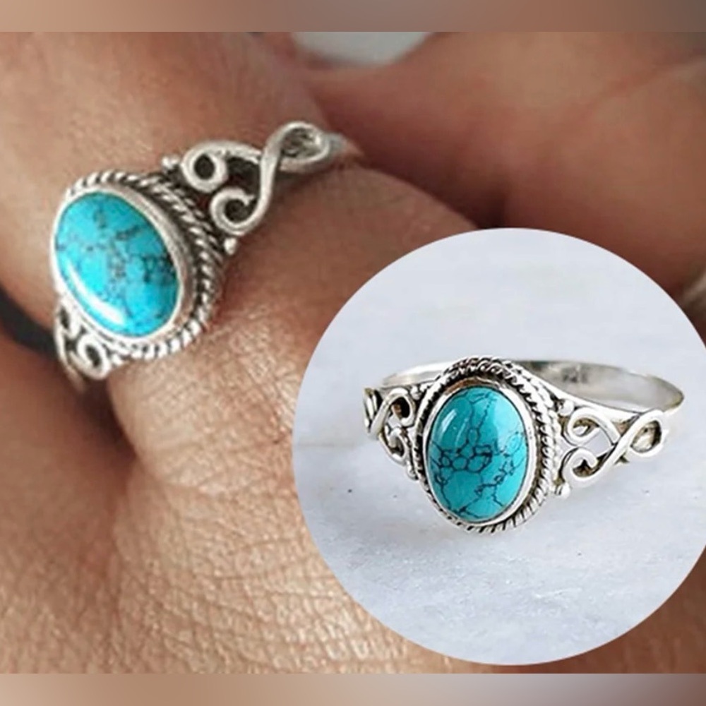 Elegant Silver and Turquoise Ring, Size: 10, Stainless Steel